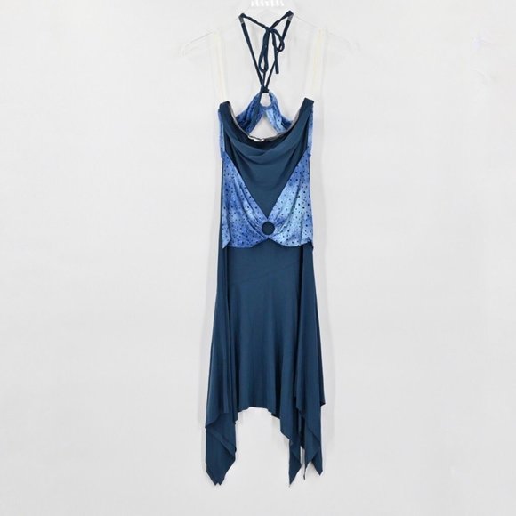 Vintage Y2K COME COMO Womens Blue Halter Strap Dress Metallic Asymmetric Size M - Picture 5 of 9